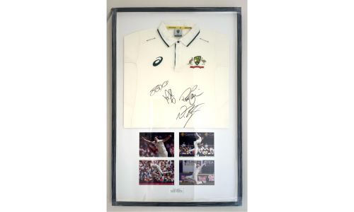 Framed Australian Test Shirt Personally Signed by Pat Cummins, Josh Hazlewood, Mitchell Starc and Nathan Lyon.