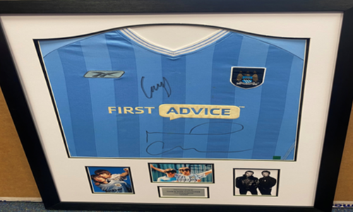 Liam & Noel Gallagher Signed Manchester City Shirt Display – Britpop Meets Football