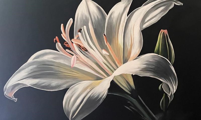Niamh Quail Original acrylic art piece on wood, inspired by The White Lily - value would be £725/1200