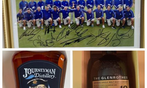 SIGNED RYDER CUP PHOTO, WITH 2 WHISKY BOTTLES
