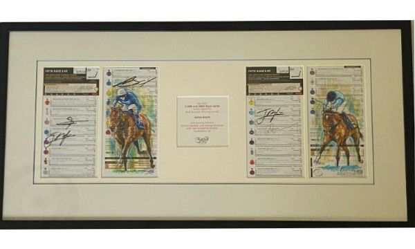 The 2022, 2000 and 1000 Guineas race cards signed by dual winning jockey James Doyle and Trainers, illustrated by Darren Bird 'Birdie' and framed