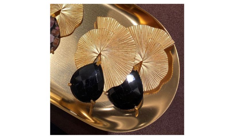 Gold Plated Brass Earrings With Semi Precious Stones: Onyx. RRP - £60